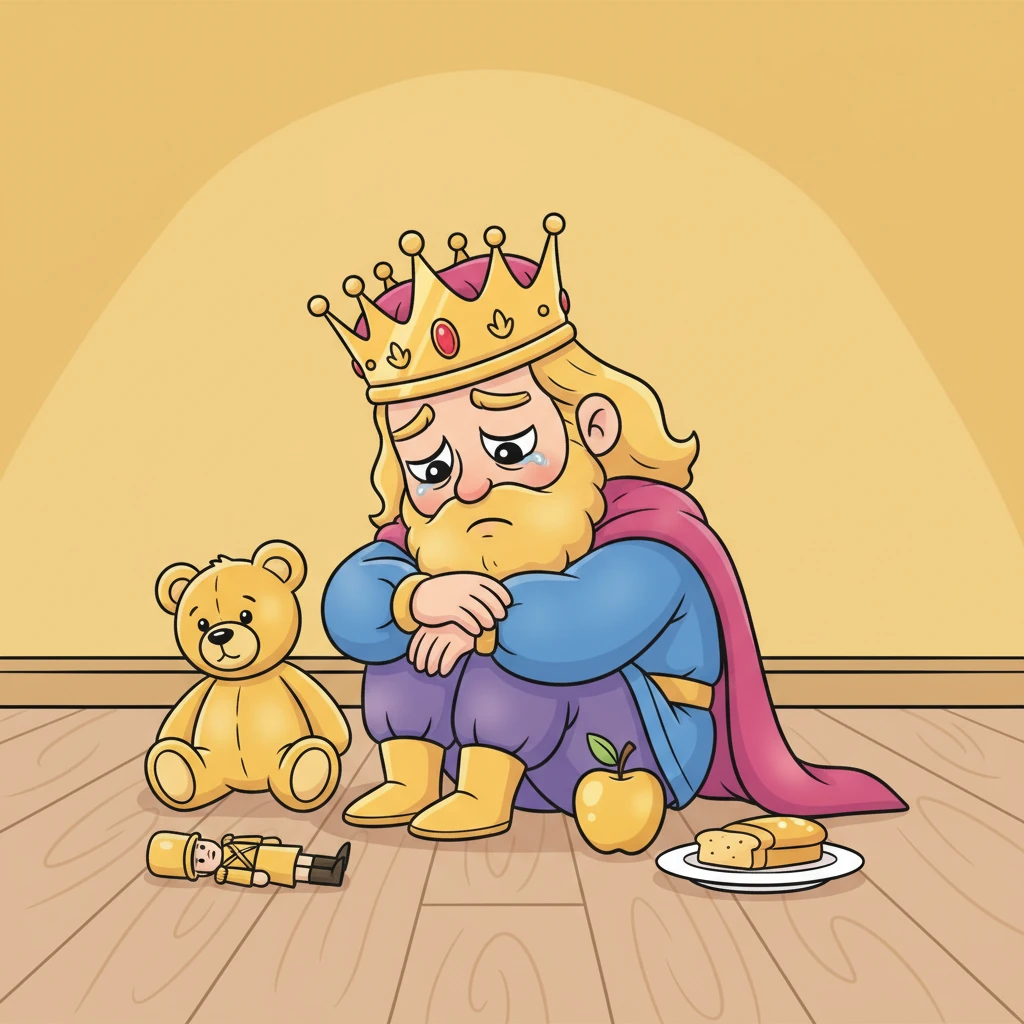 Entouré de ses créations dorées, Léo s'assit seul, le cœur lourd. Tout était beau et brillant, mais il ne pouvait ni jouer, ni manger, ni câliner. Il réalisa que ce don, si merveilleux au début, était aussi un peu triste et isolant. Ses yeux brillants perdaient de leur éclat.