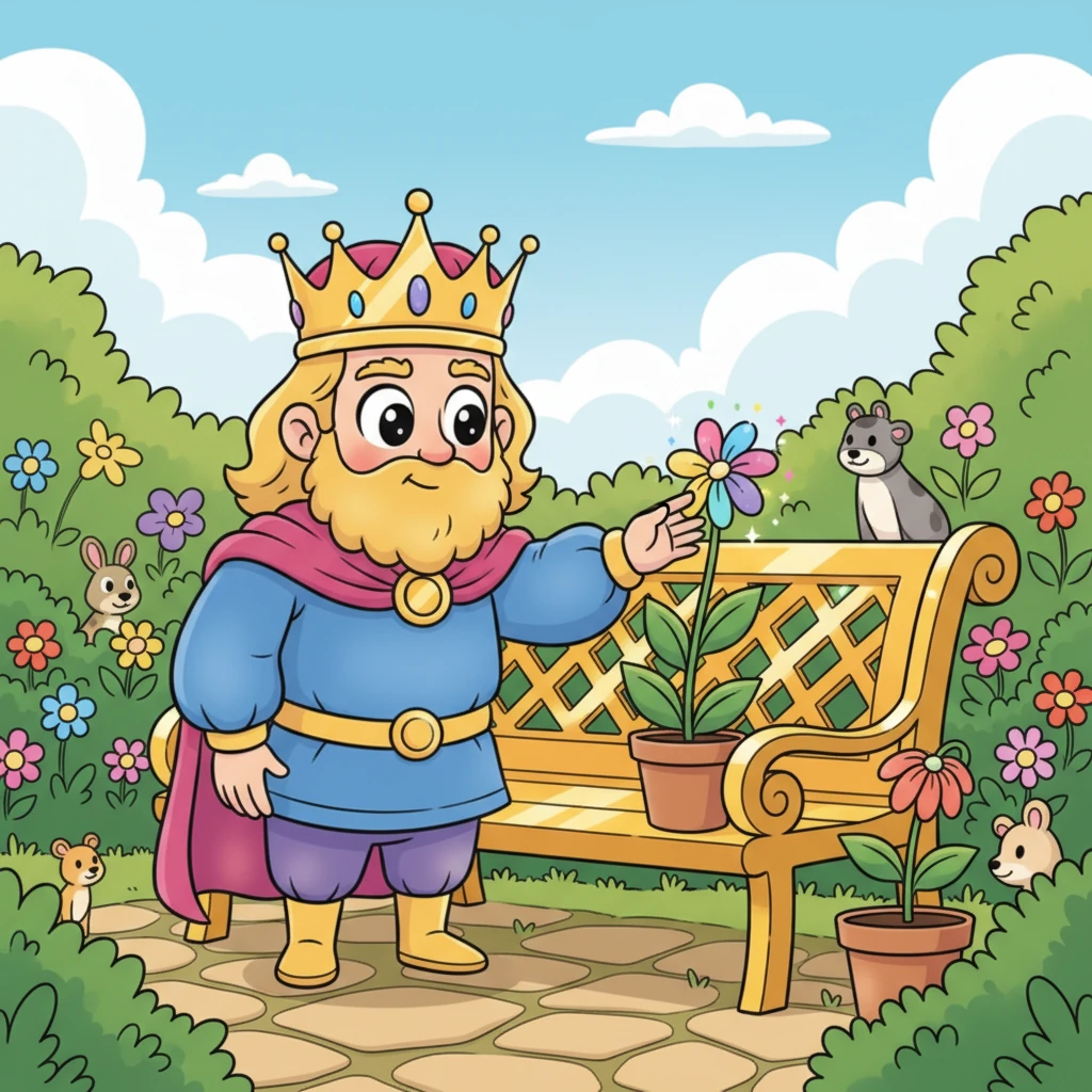 Léo comprit. Il utilisa son don pour transformer un vieux banc de jardin en un banc doré magnifique, invitant à la joie et au partage. Puis, il toucha une fleur fanée, souhaitant de tout son cœur qu'elle retrouve sa vraie beauté pour tous ses amis, sans la rendre dorée.