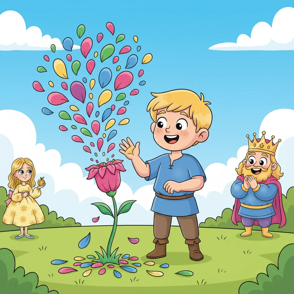 La fleur fanée, touchée par son souhait désintéressé, éclata en une explosion de couleurs vives et de pétales frais, plus belle que jamais. Et, miracle, la touche de Léo redevint normale. Il sourit, sachant que les meilleurs trésors étaient ceux que l'on pouvait partager, remplis d'amour et de vie.