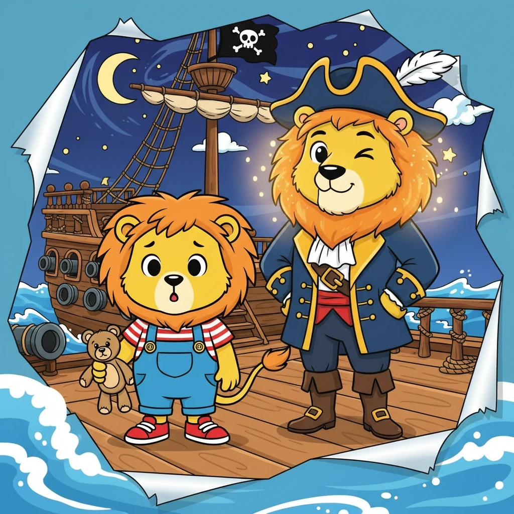 Suddenly, Captain Roar spoke! "Don't worry, Leo!" he boomed. "We'll have an adventure!" Leo looked at his lion, surprised. Captain Roar winked, and his fluffy mane seemed to shimmer with a magical light. The room transformed into a pirate ship, ready to sail!
