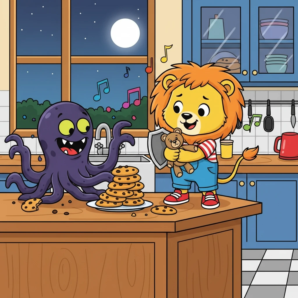 Their first adventure began in the kitchen. They battled a sneaky snack monster who was trying to steal all the cookies. Leo, with Captain Roar's help, used his bravery to scare the monster away with a silly song. Victory brought a sweet reward: cookies!