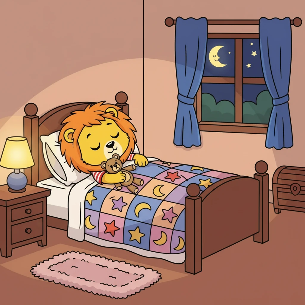 Finally, tired but happy, Leo and Captain Roar snuggled into Grandma's guest bed. The room wasn't scary anymore; it was cozy and safe. As Leo drifted off to sleep, he knew that even a sleepover could be a wonderful adventure, especially with a brave lion by his side.