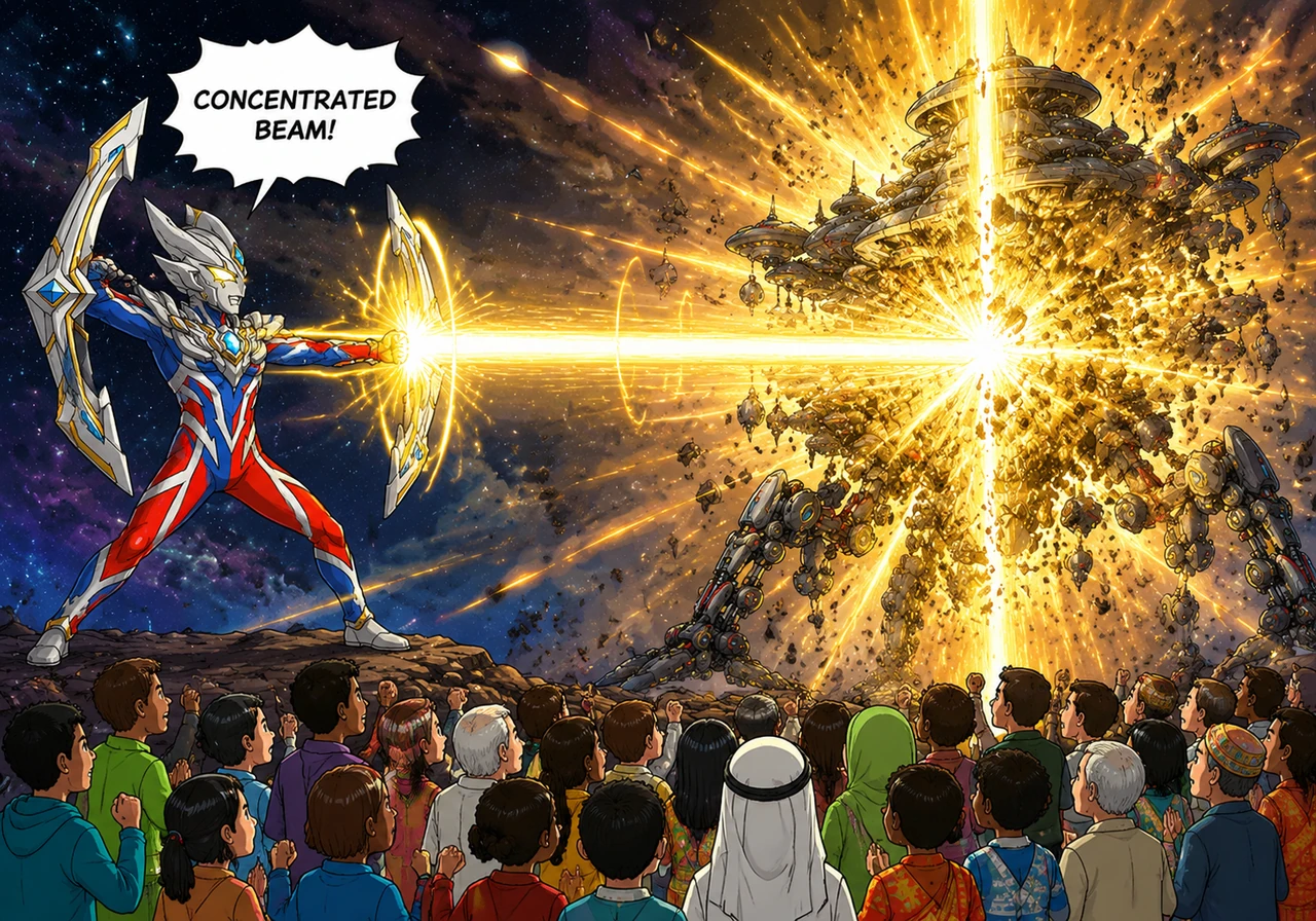 “集束射线!”随着一声震彻宇宙的呐喊,一道贯穿时空的金色光柱喷涌而出,瞬间吞噬了三体人的毁灭武器。光芒所过之处,冰冷的黑暗被洗礼,侵略者的野心在温暖的强光中消融,星空重获宁静。