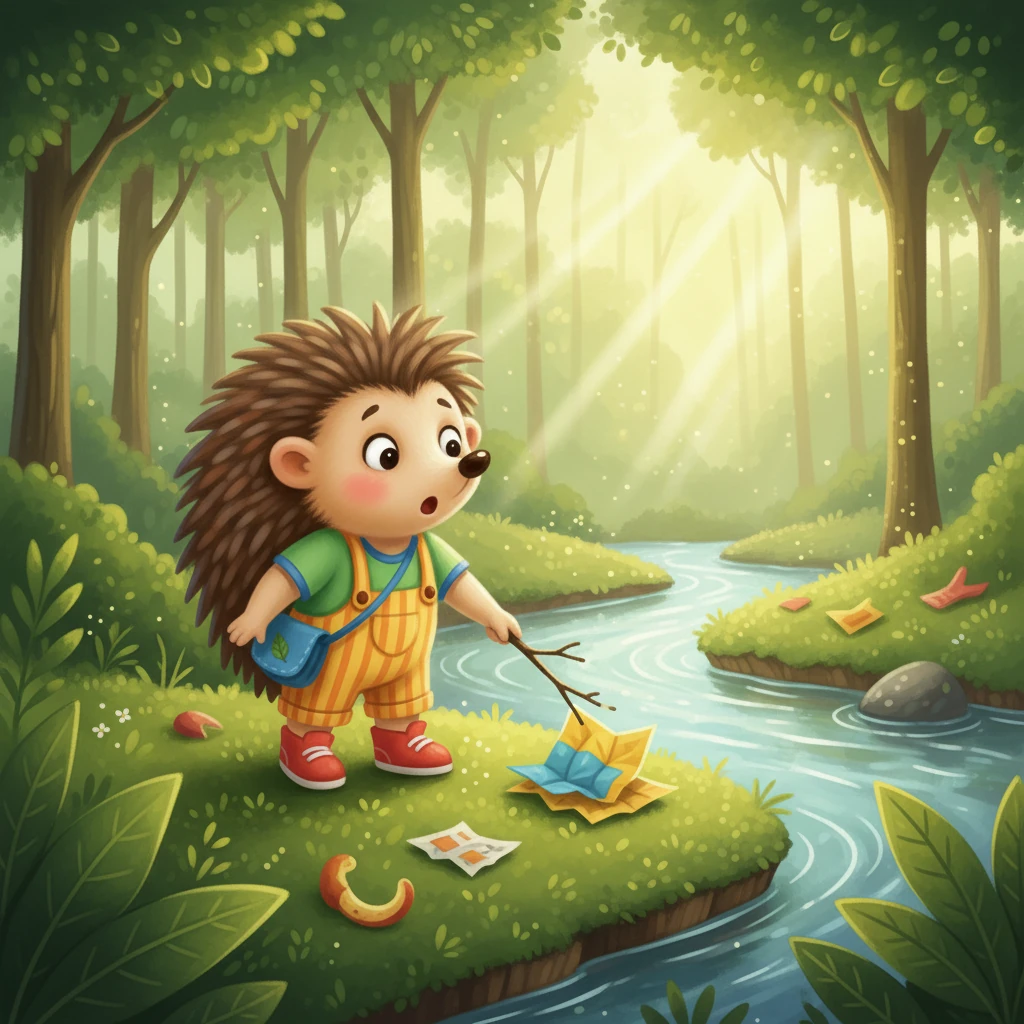 یک روز، تیغک در حال بازی کنار رودخانه بود که متوجه چیزهای عجیبی شد. پوست میوه و کاغذهای رنگی در بین برگ‌ها افتاده بودند. او با تعجب به اطراف نگاه کرد و دید که گوشه و کنار جنگل، دیگر مثل قبل تمیز نیست.