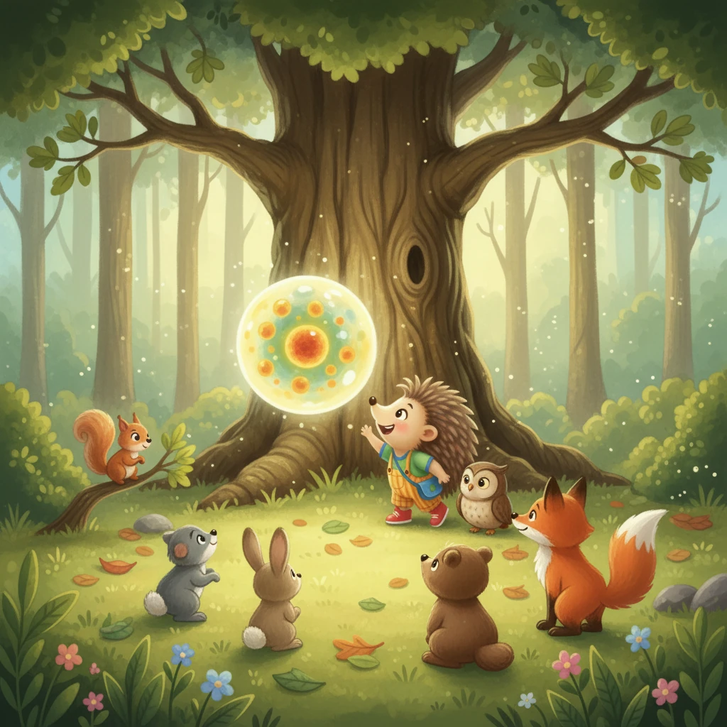 تیغک و بوف به سرعت به سراغ سنجاب چابک، خرگوش بازیگوش، خرس کوچولو و روباه باهوش رفتند. آنها همه را در یک دایره بزرگ زیر درخت بلوط جمع کردند. همه حیوانات با کنجکاوی به تیغک و بوف نگاه می‌کردند.