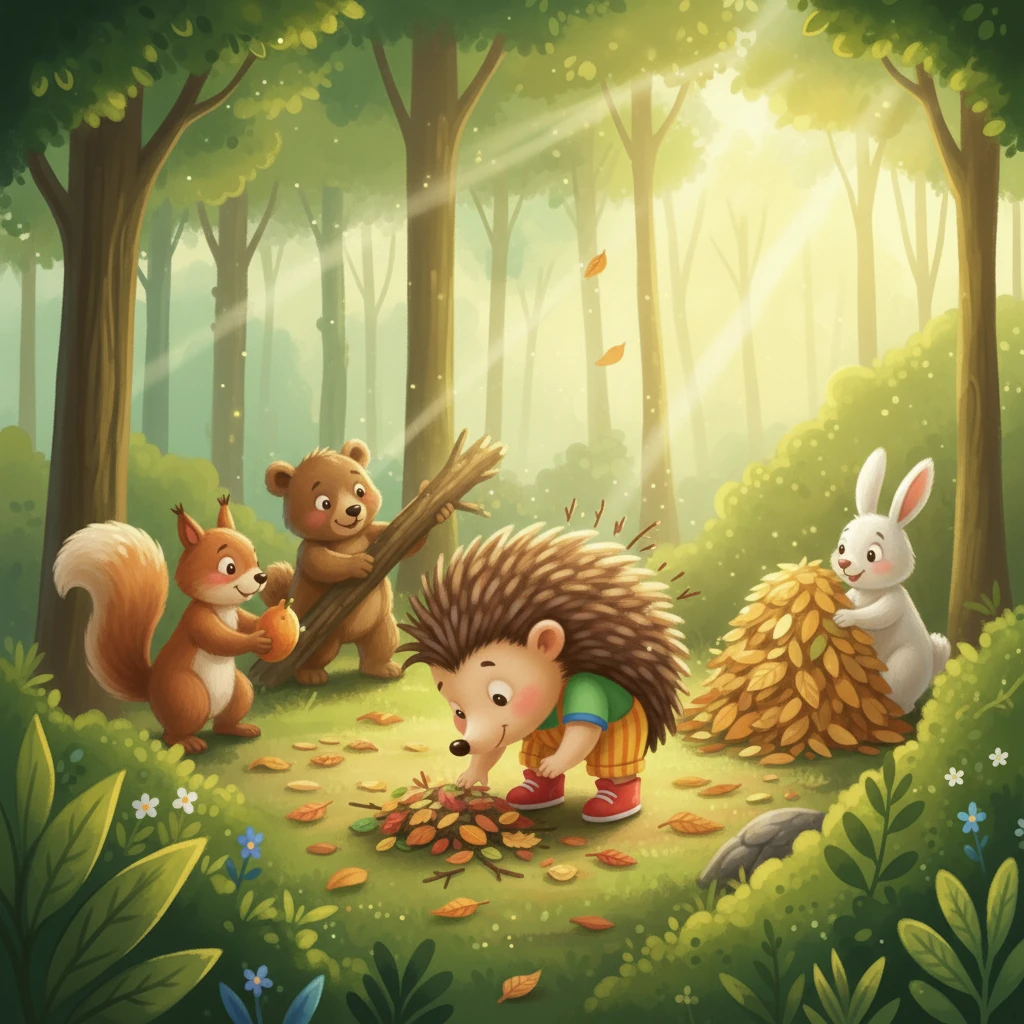 روز بعد، همه حیوانات با هم شروع به کار کردند. سنجاب پوست میوه‌ها را جمع می‌کرد، خرگوش برگ‌های خشک را کنار می‌زد، خرس کوچولو شاخه‌های افتاده را جابجا می‌کرد و تیغک با تیغ‌هایش، برگ‌های کوچک و آشغال‌های ریز را از زمین برمی‌داشت.