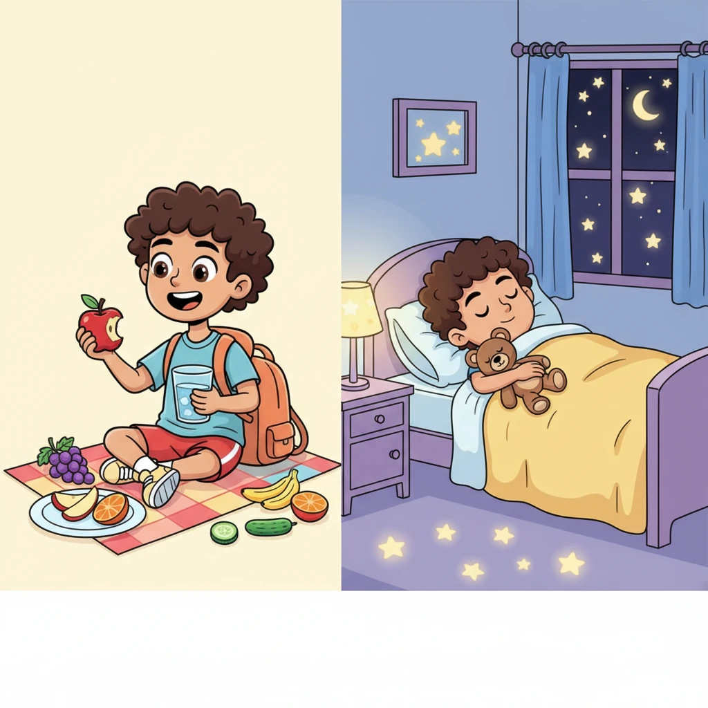 Leo also learned about balancing his new energy with yummy, colorful foods and plenty of rest. He munched on crunchy apples and sipped cool water, then snuggled into bed for a super-sound sleep, ready for tomorrow's adventures.