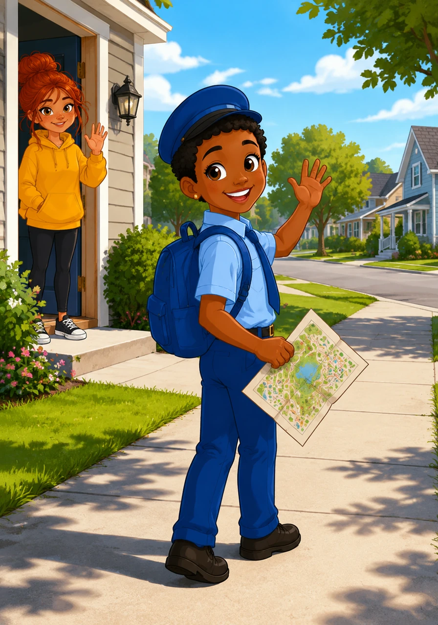 Eight-year-old Kenneth clutched a colorful, hand-drawn map tight in his fist, his heart dancing with excitement. Today was the day he would walk all by himself to his best friend Maya's house, just three blocks away. With a confident wave to his mother, he stepped out into the bright morning sunshine, ready for his little adventure.