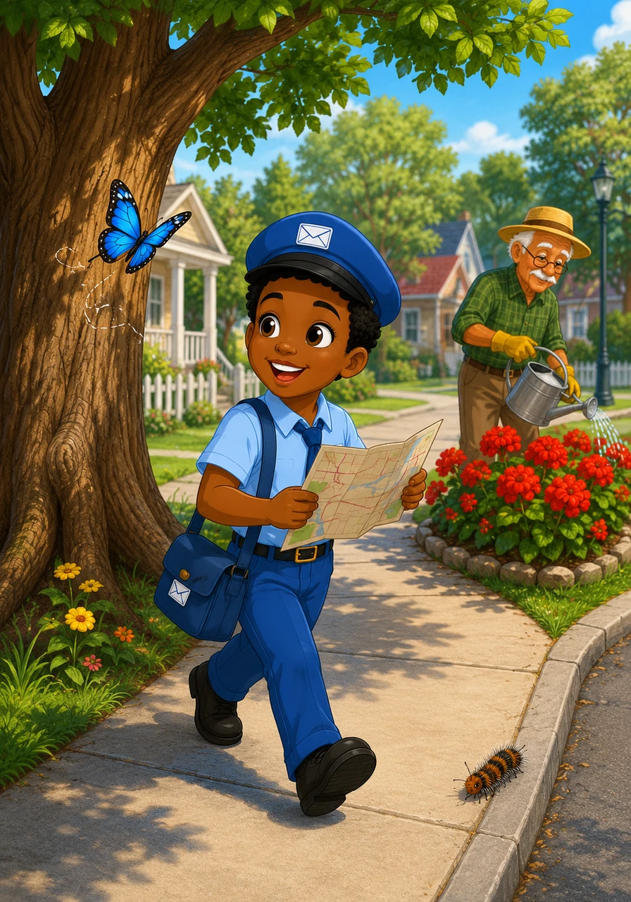 Kenneth loved the quiet rhythm of his neighborhood, observing the world through wide, curious eyes. He passed Mr. Bruno watering his bright red geraniums and watched a fuzzy caterpillar crawl across the sidewalk. Distracted by a beautiful blue butterfly swirling in the air, Kenneth took a sharp left turn at the big oak tree without looking at his map.