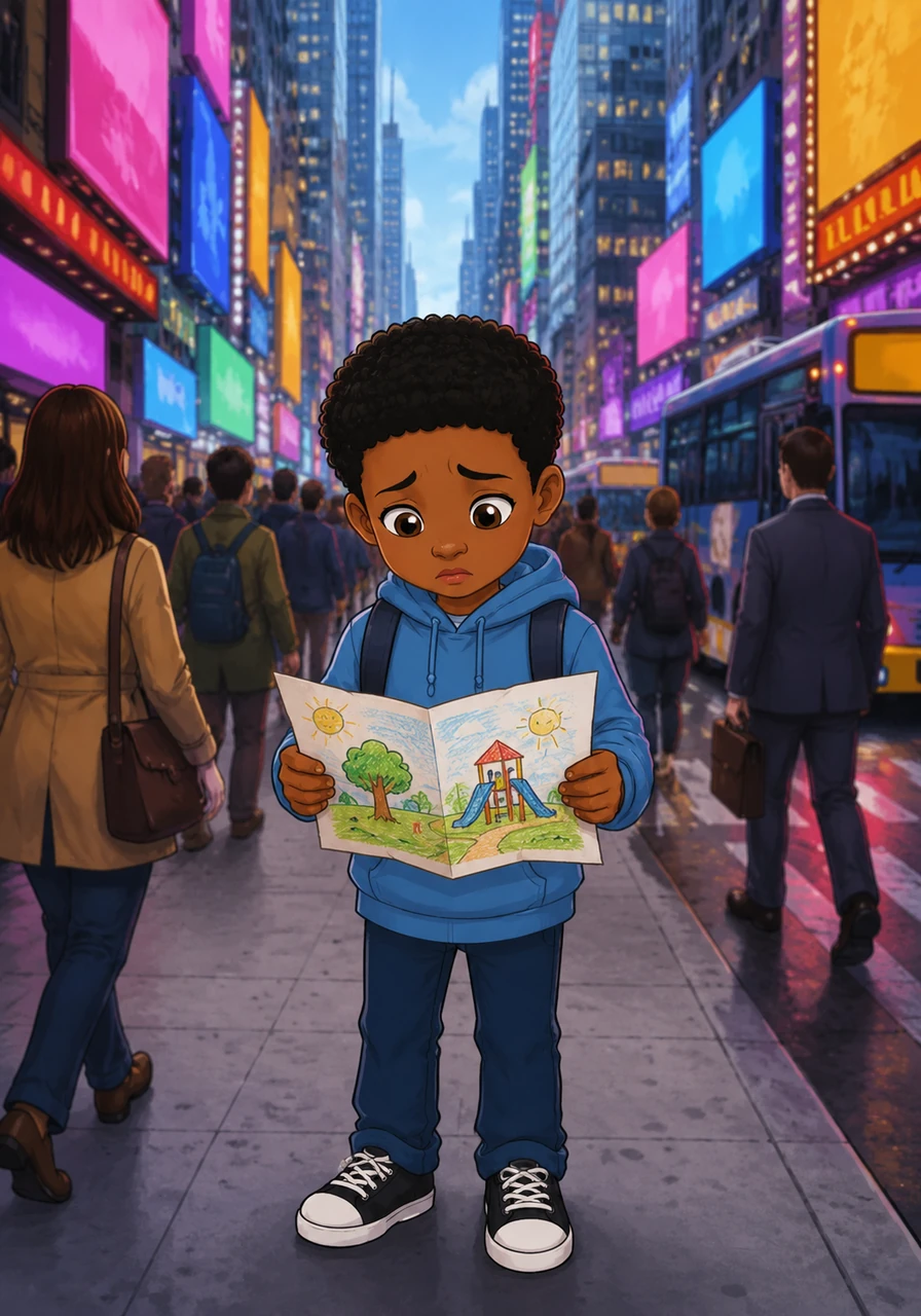 The quiet sidewalk quickly faded away, replaced by the towering buildings and rushing crowds of the busy downtown avenue. Kenneth looked down at his map, but the drawing of a smiling sun and a playground didn't match the rushing buses and blinking neon signs around him. A cold splash of worry washed over him as he realized he was completely lost.