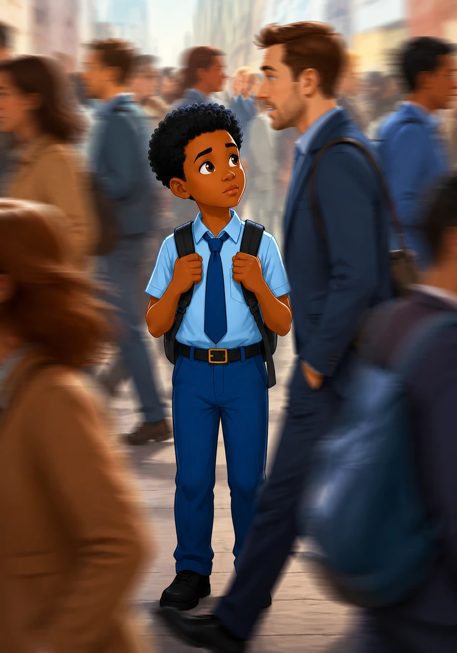 The world around Kenneth was a swirl of motion, full of people rushing past without noticing the small boy standing still. He tried to read the lips of passersby, but everyone was moving too fast, their words blurring into unrecognizable shapes. He clutched his backpack straps tightly, feeling small and deeply isolated in the middle of the crowd.