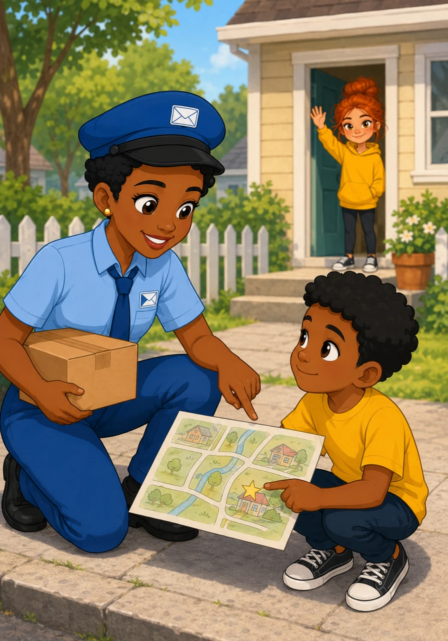 A gentle shadow fell over Kenneth as a mail carrier in a crisp blue uniform kneeled down in front of him, holding a delivery box. The mail carrier had a warm, kind face and pointed to Kenneth's map, tilting his head with a look of concern. Kenneth felt a wave of relief and pointed to the drawing of Maya's house with the big yellow star.