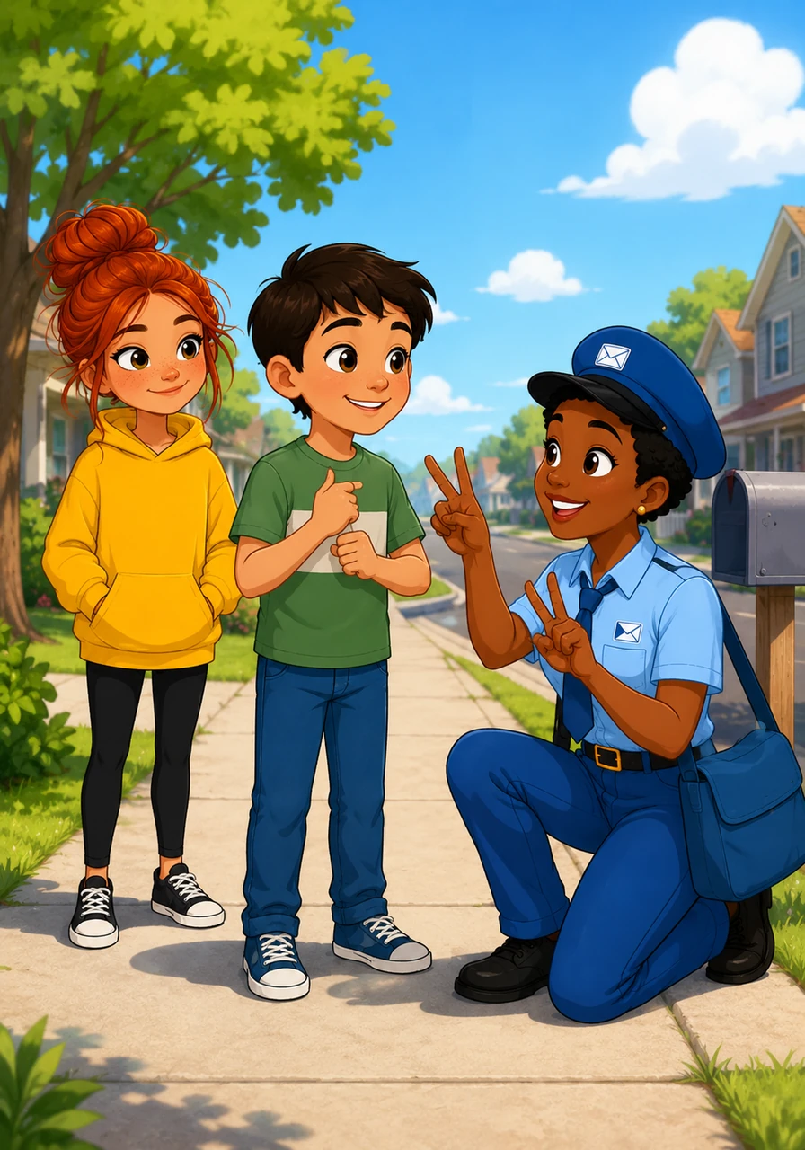 Kenneth tapped his chest and then brought his hands together, fingers crossing to sign the word for friend. The mail carrier smiled brightly and pointed down the street, gesturing with two fingers to show a walking motion and then holding up three fingers for blocks. Kenneth nodded happily, understanding the visual directions perfectly.