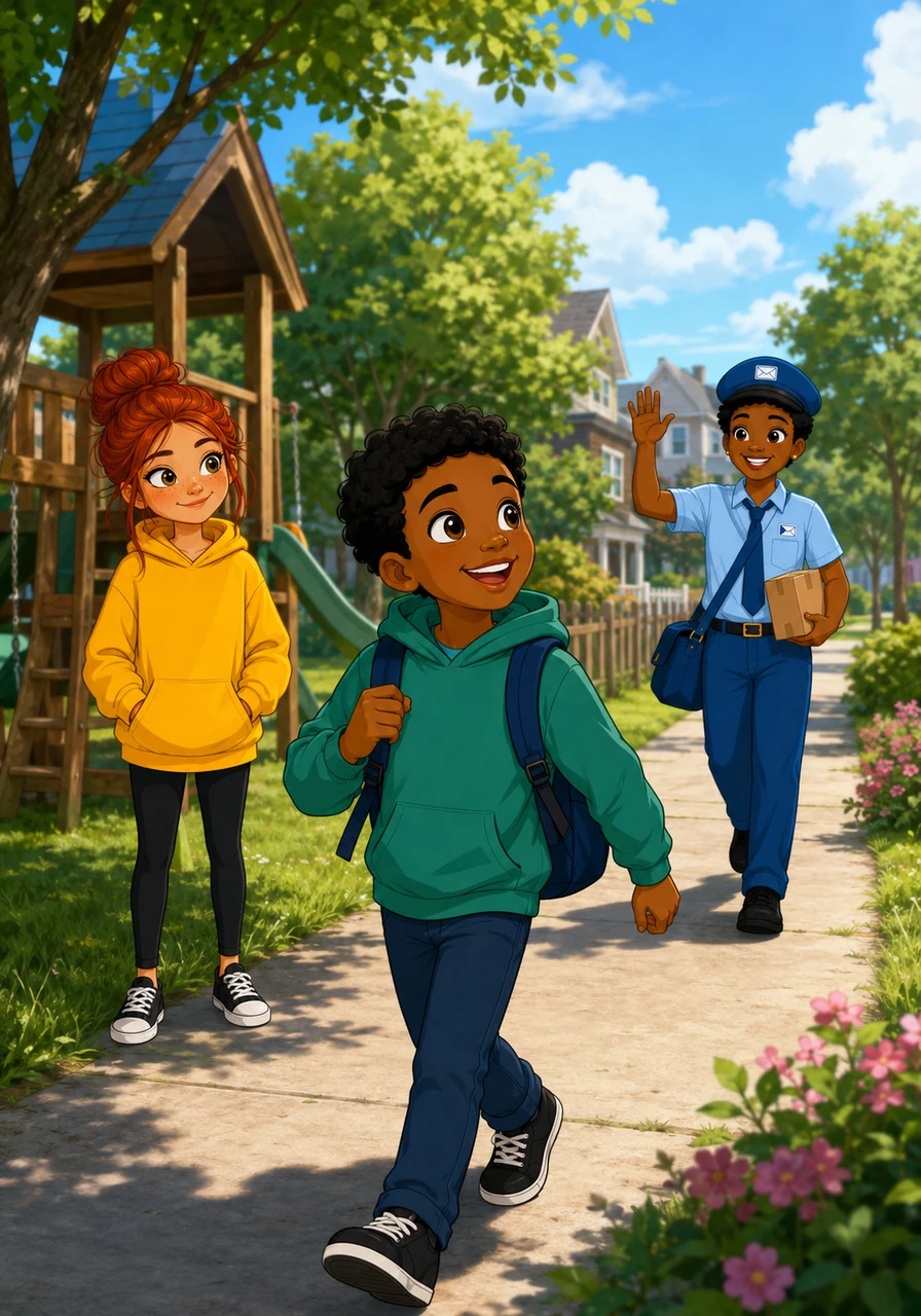 Following the mail carrier's kind gestures, Kenneth walked briskly down the avenue, keeping his eyes peeled for familiar sights. Soon, the concrete buildings gave way to familiar green trees, and he spotted the old wooden playground structure he knew so well. Joy leaped in his chest as he recognized the path that led straight to Maya's neighborhood.