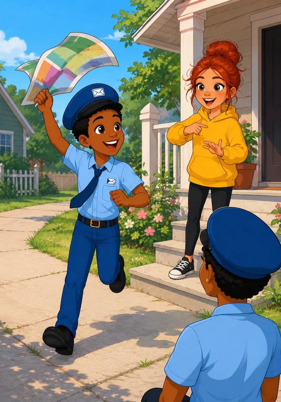 Kenneth ran down the sidewalk of Maya's street, his colorful map fluttering in the wind like a flag of victory. Maya was sitting on her front porch, and the moment she saw him, her face lit up with a massive grin. She stood up and excitedly signed the word for welcome, her hands moving in a joyful, familiar dance.