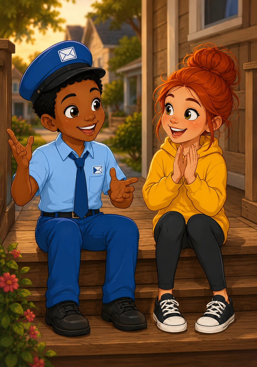 Sitting together on the porch steps, Kenneth used animated gestures and expressions to tell Maya the whole story of his big city adventure. Maya listened with wide, amazed eyes, clapping her hands in celebration of her best friend's bravery. Kenneth smiled proudly, knowing that even in a quiet world, he was strong enough to find his way.