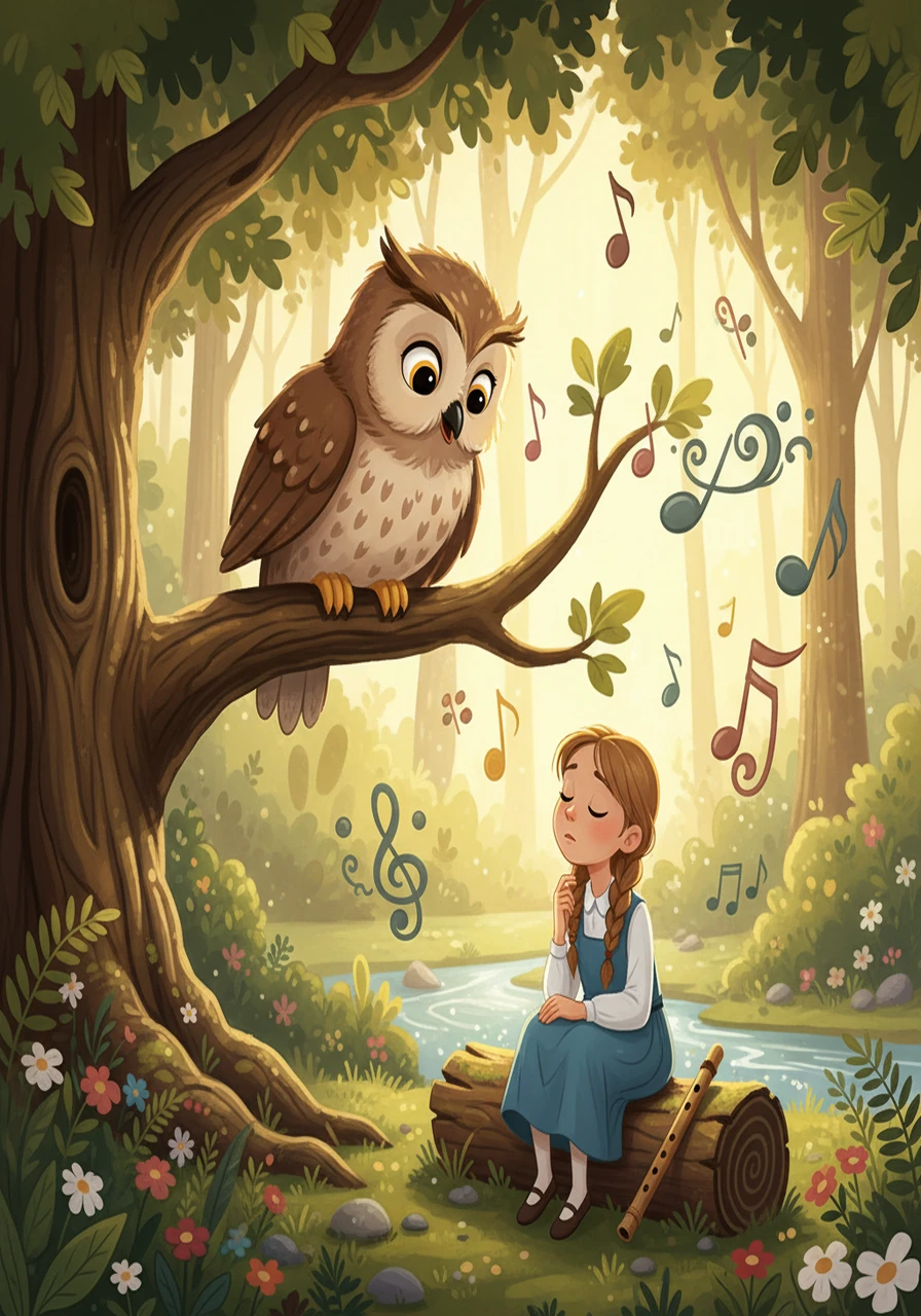 One sunny afternoon, a wise old owl noticed Melody’s sadness. He hooted softly, suggesting Melody might have a unique way of making music. He encouraged her to listen closely to the sounds of the forest and find her own rhythm, independent of pitch.