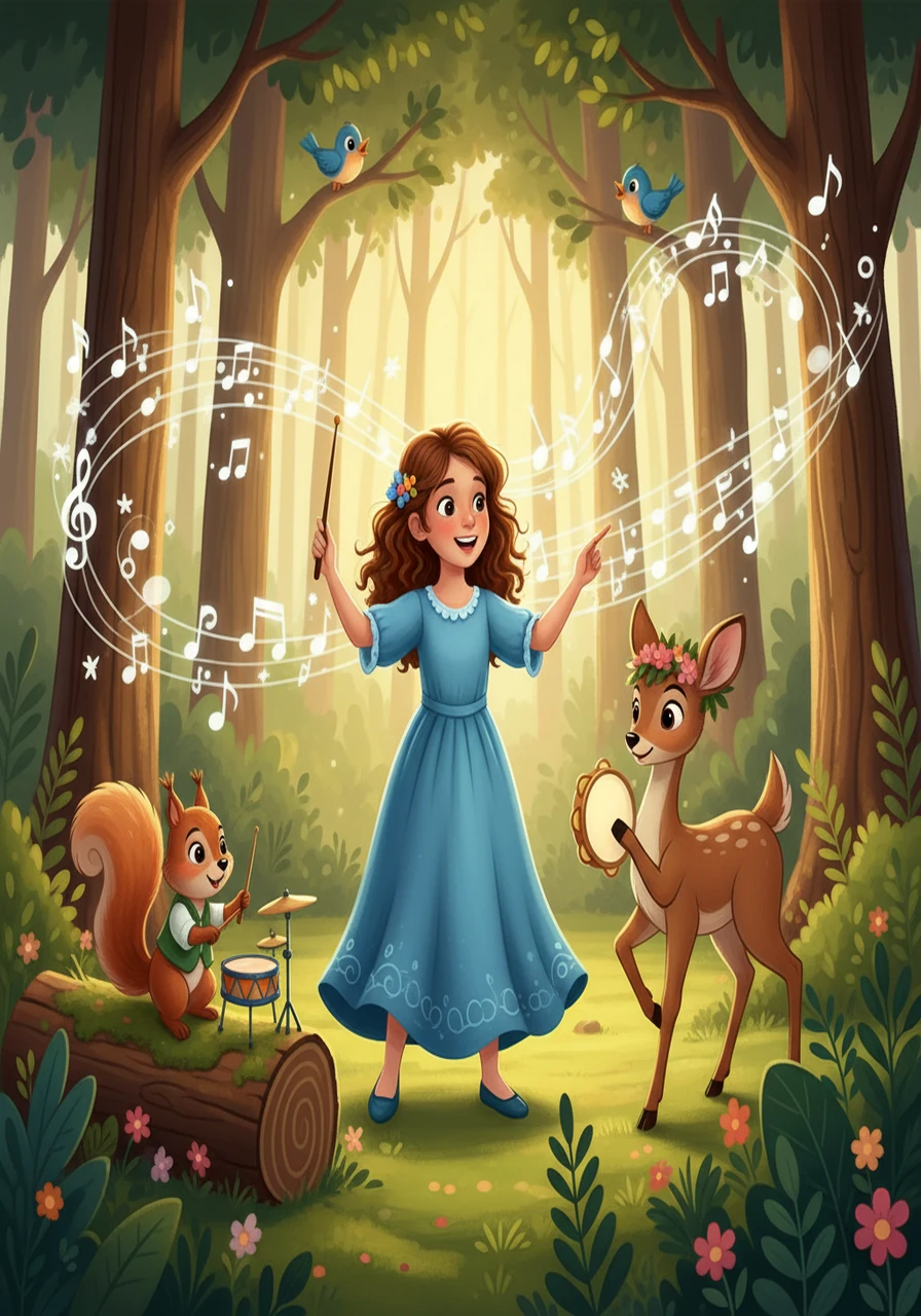 Together, they practiced. Melody learned to lead her friends, creating a joyful noise that echoed through the forest. The squirrel and the deer offered encouragement and adjusted their rhythms to match hers. They were supportive and made her feel safe.