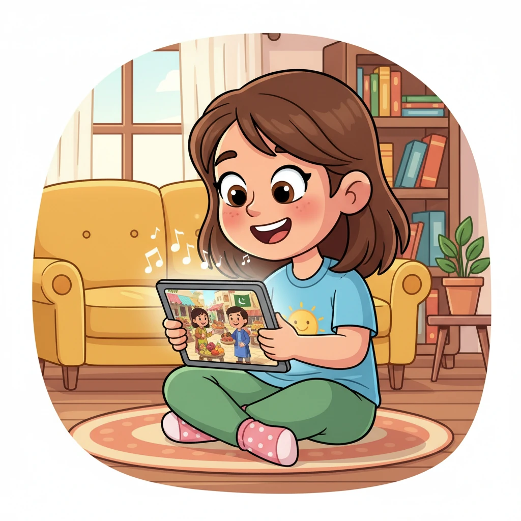 Si Maya, na may malalaking mata at ngiting abot-tenga, ay nakaupo sa sahig ng kanyang sala, nakatutok sa kanyang tablet. Pinapanood niya ang isang animated na kuwento tungkol sa pagbibigayan mula sa Pakistan, na may mga makukulay na karakter at masayang musika. Ang kanyang mukha ay puno ng pagkamangha at inspirasyon.