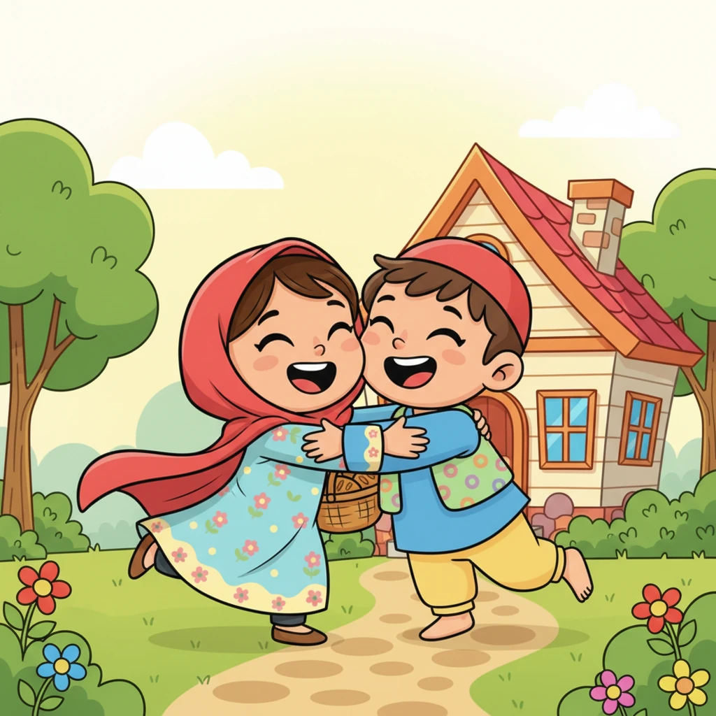 Agad siyang tumakbo patungo sa bahay ng kanyang matalik na kaibigan, si Leo, na may malapad na ngiti at laging handang tumulong. Ikinuwento ni Maya ang kanyang ideya habang si Leo, na may tuwid na buhok at nakangiti, ay nakikinig nang mabuti, ang kanyang mga mata ay nagniningning sa pagkasabik. Nagyakapan sila sa tuwa.
