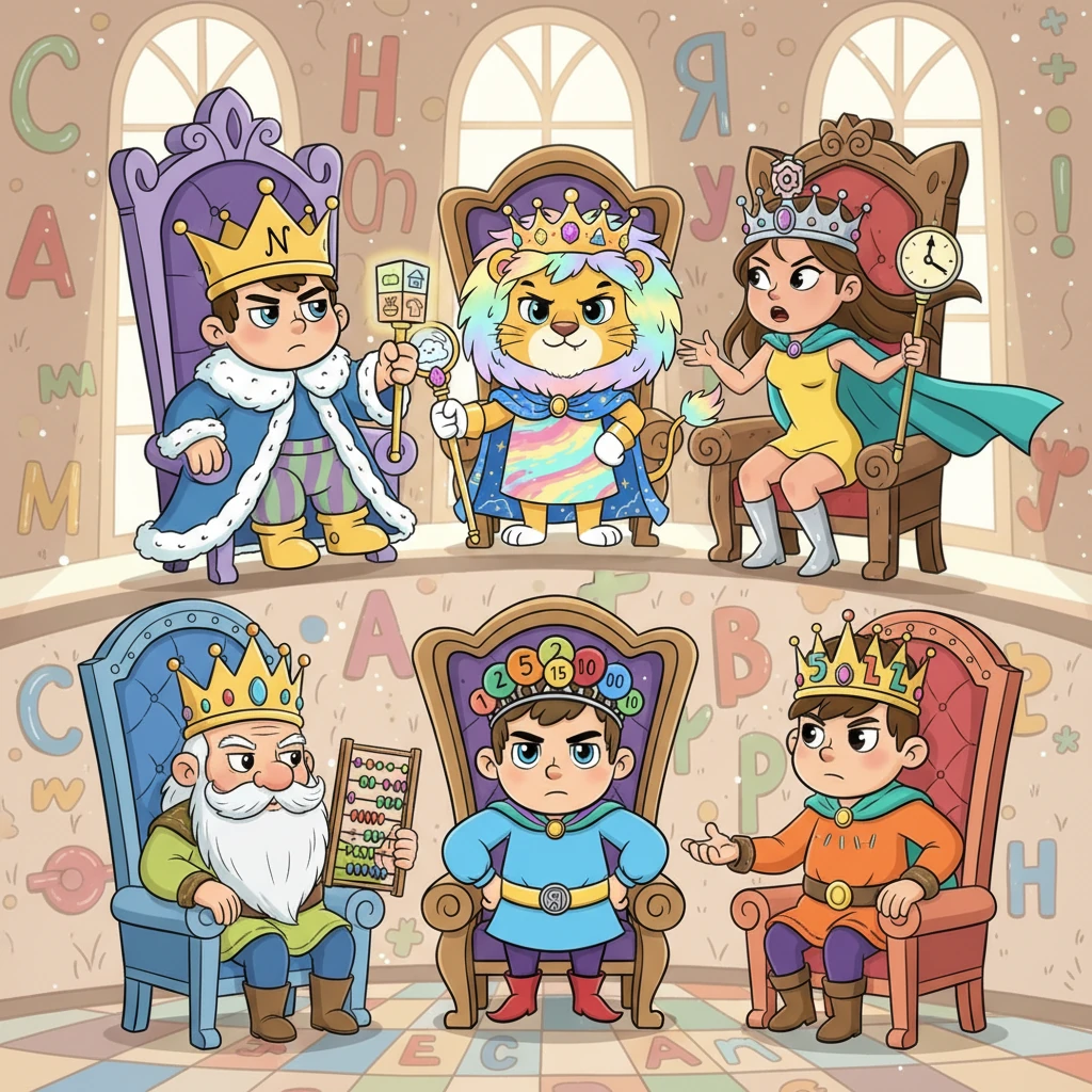 В величественном зале, украшенном буквами и символами, важно восседали пять королей: Существительное, Прилагательное, Местоимение, Числительное и Глагол. Их короны сверкали, но лица были серьезны, ведь каждый считал себя самым главным. Начинался очередной спор о том, кто из них важнее всех.