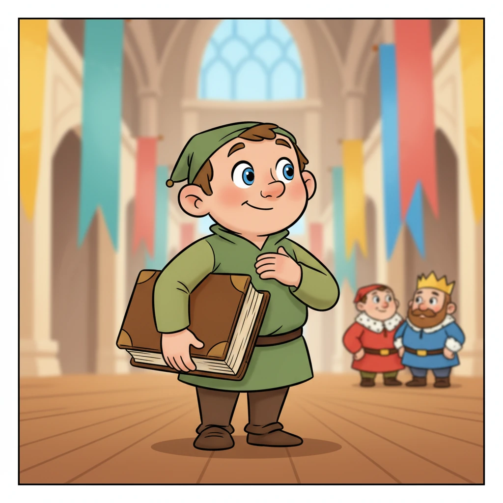 В этот момент в зал вошел Мудрый Грамотей, маленький, но очень добрый и улыбчивый персонаж с огромной книгой под мышкой. Он тихонько прокашлялся и с любопытством посмотрел на расшумевшихся королей. Грамотей наблюдал за ними с мягкой улыбкой.