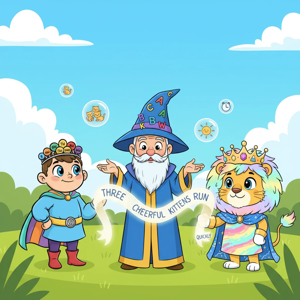 Грамотей терпеливо подождал, пока короли немного успокоятся, а затем спокойно заговорил. Он объяснил, что каждый из них уникален и важен, но по-настоящему сильными они становятся только вместе. Он показал, как они могут создать красивое предложение: "Три весёлых котёнка бегут быстро."