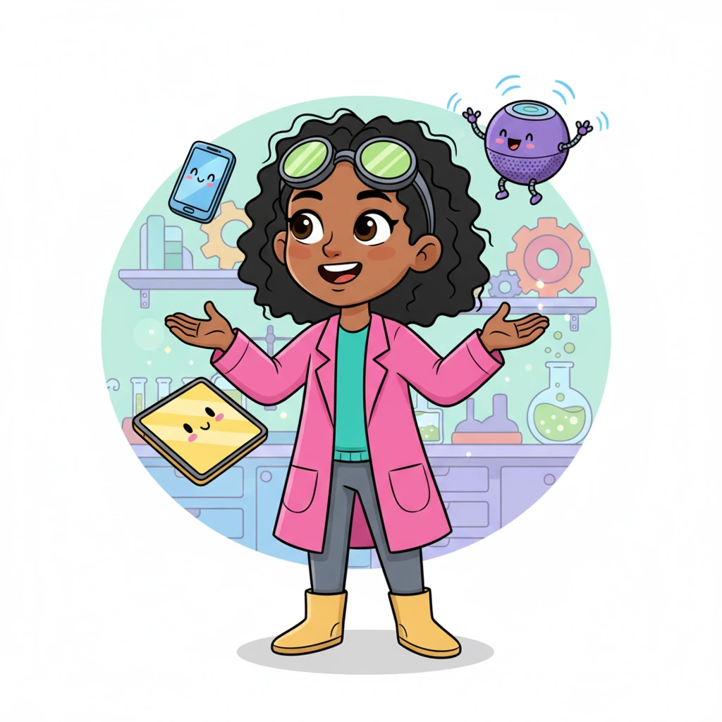 Inventor Izzy, a cheerful scientist with a bright pink lab coat and goggles perched on her head, beams in her whimsical workshop. Around her, a playful jumble of smart devices – tiny phones, happy tablets, and smiling smart speakers – buzz with hidden energy. Izzy ponders the exciting world of gadgets, dreaming of how to make them even better for everyone.