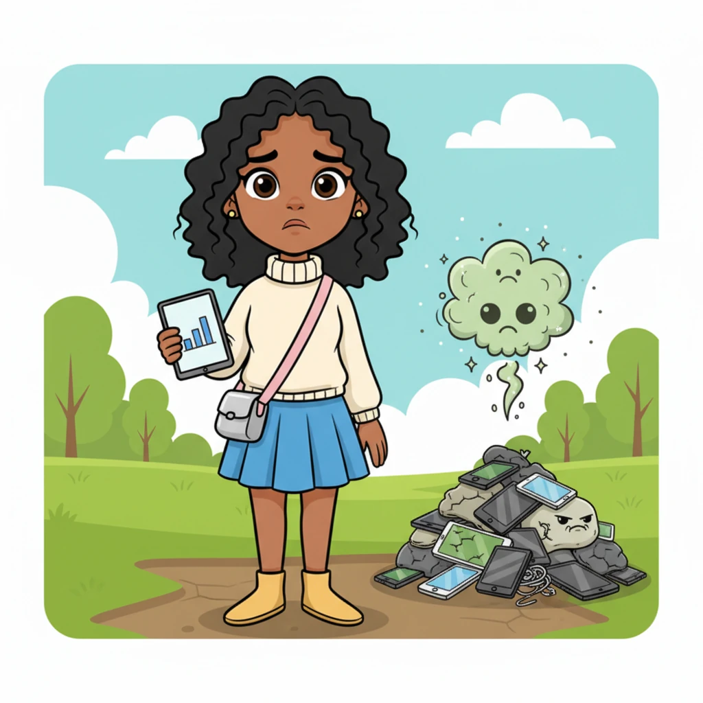 Suddenly, Izzy’s smile fades a little as she notices a grumpy-looking pile of old, forgotten smart devices. A little cartoon cloud of 'uh-oh' pollution playfully wafts from them, showing the environmental impact. She realizes that even the coolest gadgets can leave a big footprint if we're not careful.