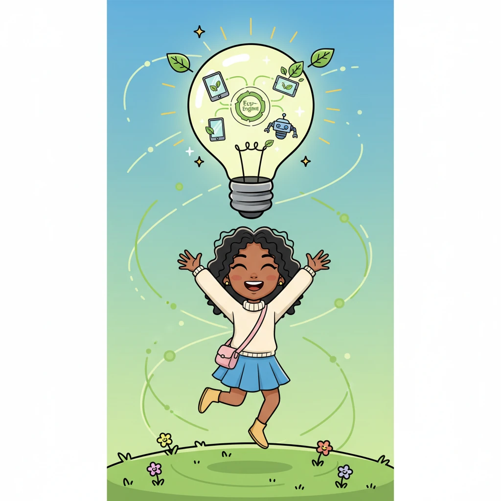 A giant, sparkly lightbulb pops above Izzy's head! She leaps with excitement, her arms outstretched as if hugging the whole planet. She envisions a brilliant solution: a super-smart 'Eco-Engine' that can help all smart devices be kind to our Earth. Her goal is to make a big, green difference!