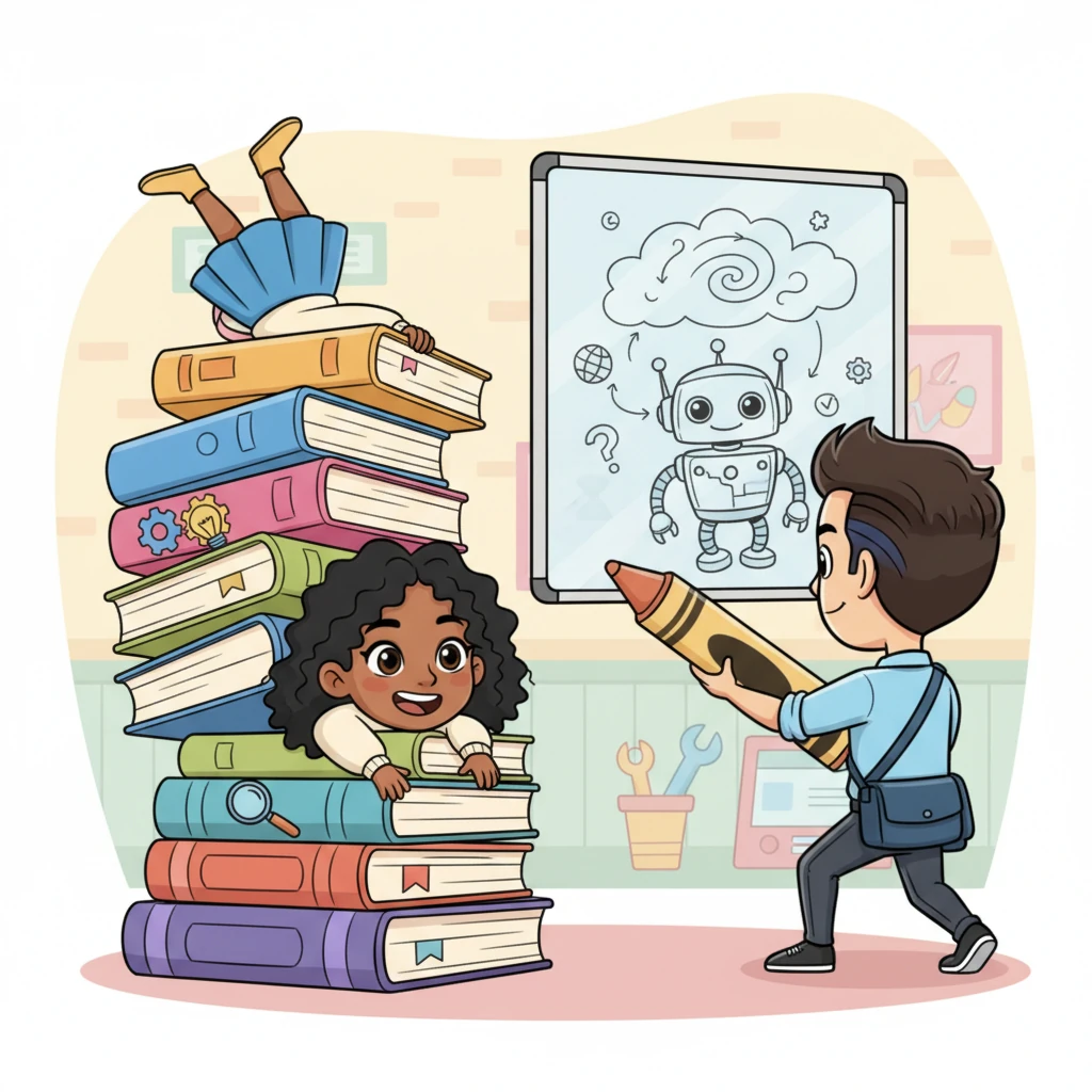 Izzy dives into her towering stack of wobbly, colorful 'knowledge books,' learning all about how things are made and used. Then, with a giant crayon, she sketches out her fantastic idea: a friendly robot helper connected to a swirling 'web cloud,' ready to gather information and solve problems.