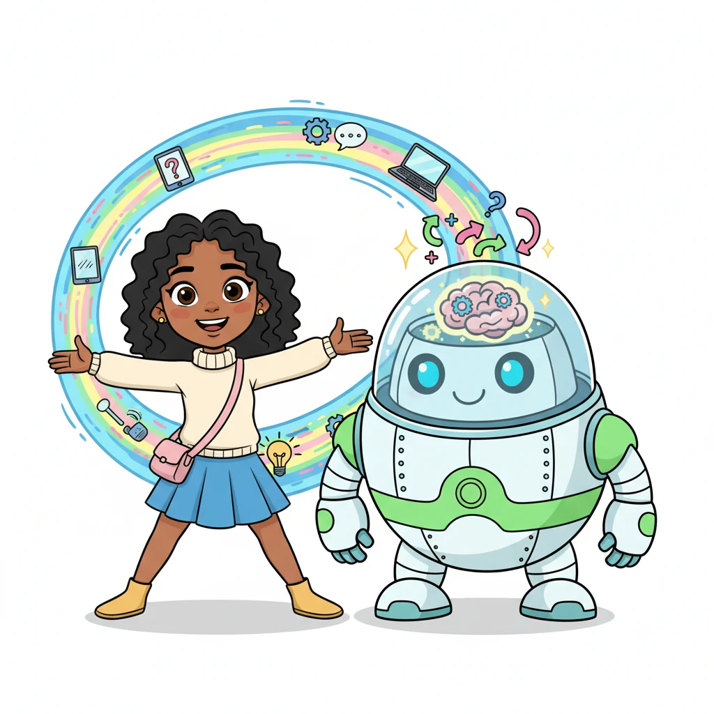 With a flourish, Izzy introduces her new best friend, Eco-Bot 5000! This round, friendly robot has blinking eyes and a happy smile. Izzy shows how users' questions about devices flow like a colorful river into Eco-Bot's brain, where clever computations happen.