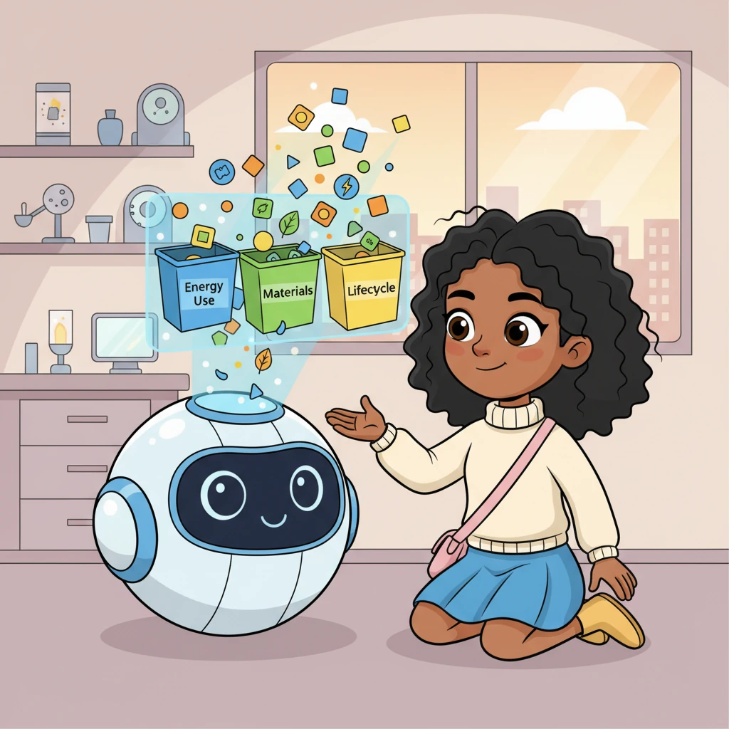 Eco-Bot 5000 gets to work, happily 'gobbling' up colorful data bits – like how much energy a device uses or what it's made from. Izzy patiently teaches Eco-Bot to sort and understand these playful shapes, making sure he learns everything about a device's journey.