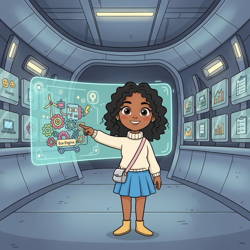Inside Eco-Bot's shiny metallic body, glowing 'memory banks' are neatly organized, showing little icons for 'Users,' 'Devices,' and 'Assessments.' Izzy proudly points to a big, interactive screen, showcasing her Eco-Engine now fully built and ready to help.
