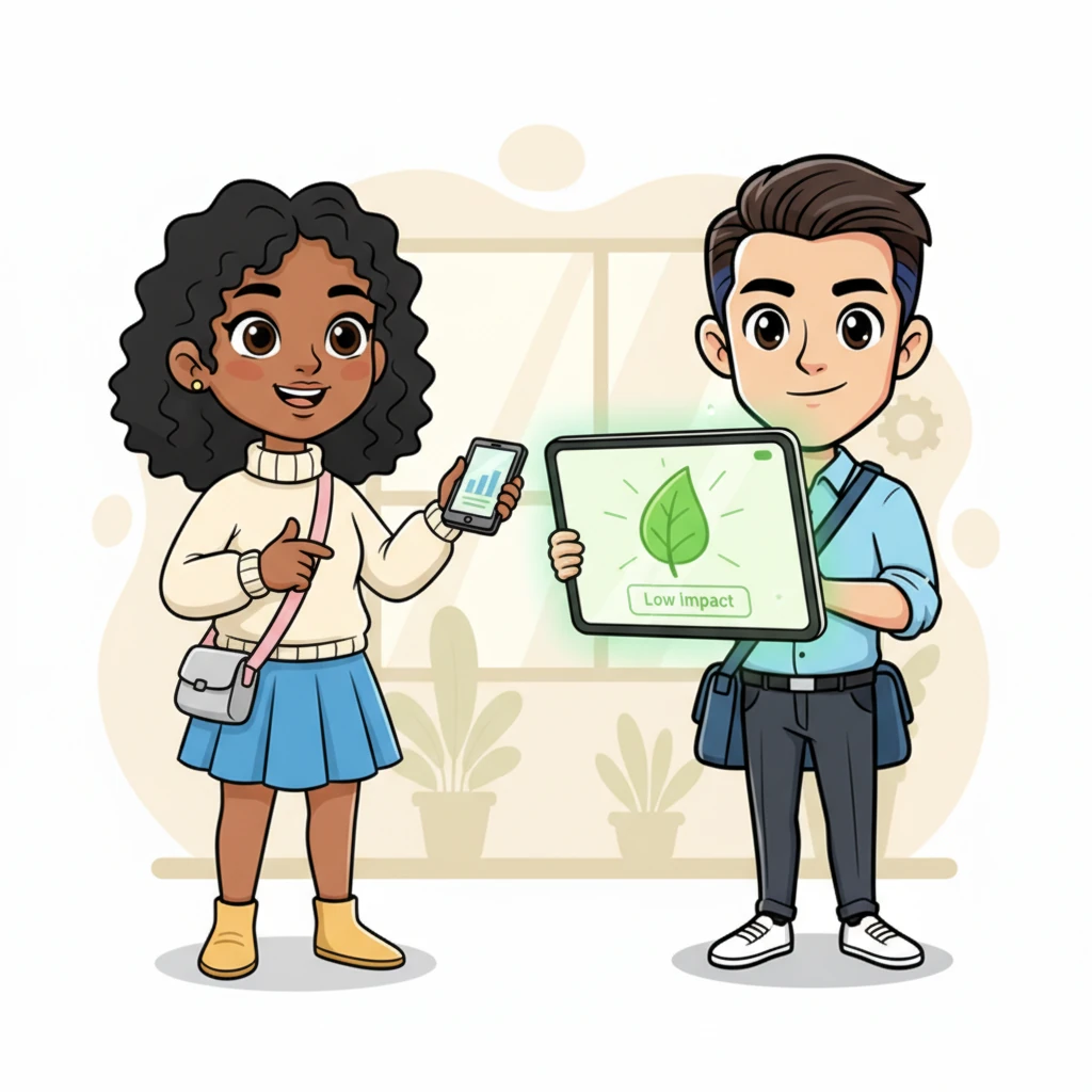 A happy child, with bright, curious eyes, holds up their smart device to a tablet, asking Eco-Bot for an assessment. Eco-Bot 5000's screen lights up with a clear, simple result: a glowing green leaf icon for 'Low Impact,' guiding the child towards planet-friendly choices.