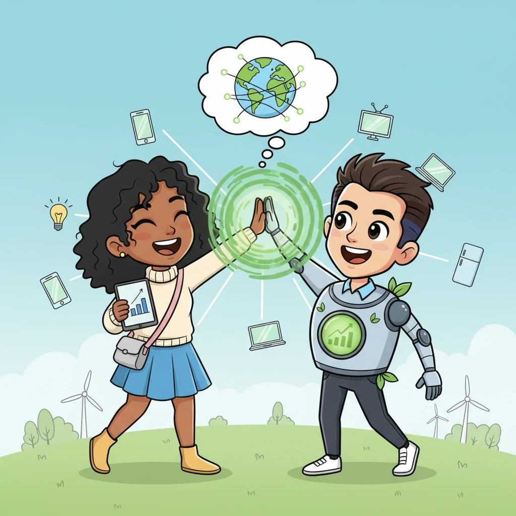 Izzy and Eco-Bot 5000 celebrate with a joyful high-five! They show how their amazing engine helps people choose devices that are good for the Earth, making the world a greener place. They dream of connecting to every device, everywhere, making an even bigger impact!
