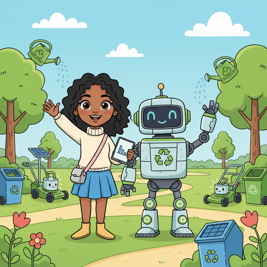 In a bright, clean park filled with happy, eco-friendly smart devices, Inventor Izzy and Eco-Bot 5000 stand proudly, waving to everyone. They remind us that with a little smart thinking and teamwork, we can all help build a wonderfully sustainable future for our planet. What a brilliant adventure!