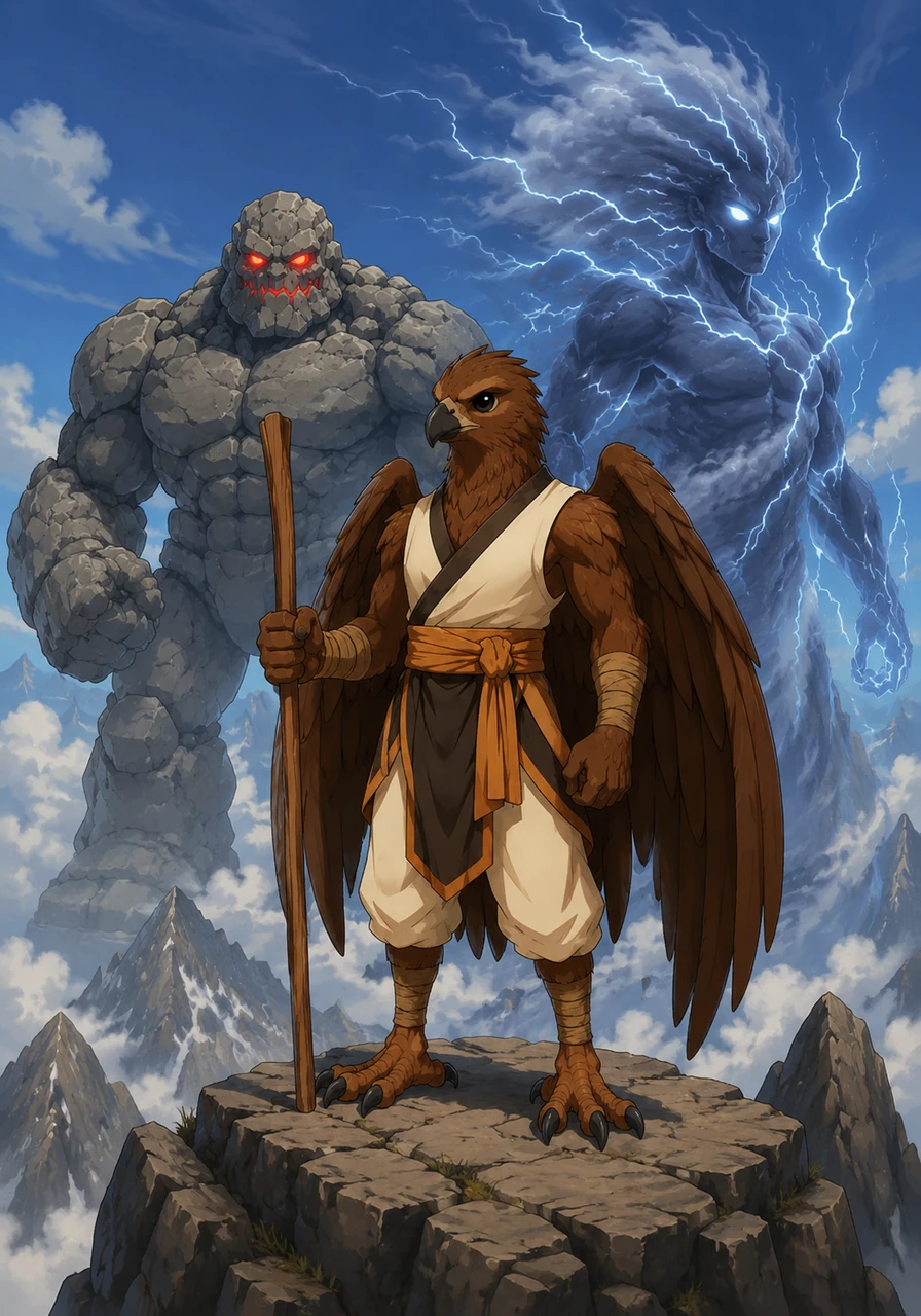 High atop the Sky-Reach Peaks, Garraarrk the Aarakocra stands tall, his brown feathers ruffled by the thin mountain air. His deep black eyes reflect the vast horizon as he grips his simple wooden quarterstaff, preparing for his morning meditation.