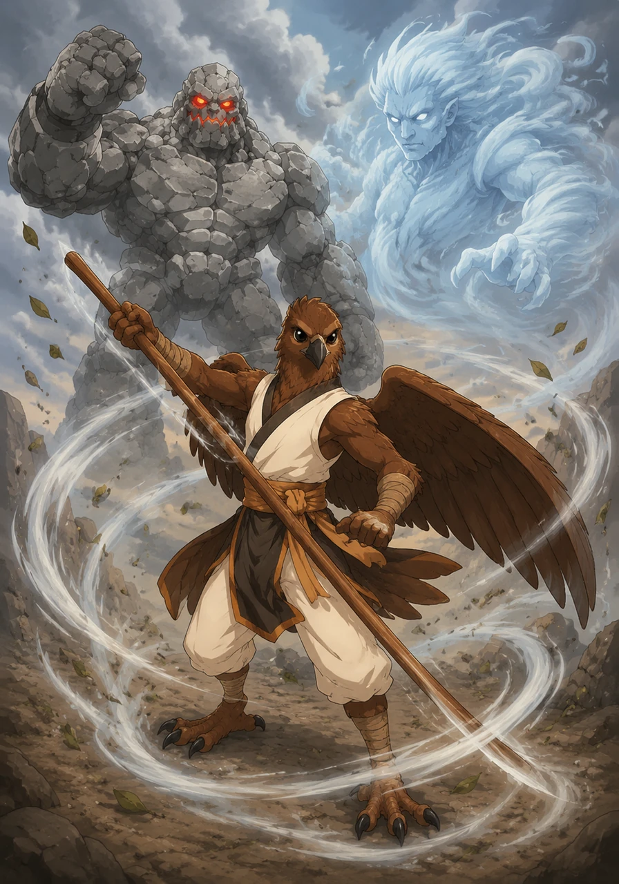 With a swift motion, Garraarrk begins his elemental forms, swirling his staff to summon a gentle cyclone of wind. Leaves and dust dance around his talons as he moves with the grace of a predator and the calm of a sage.