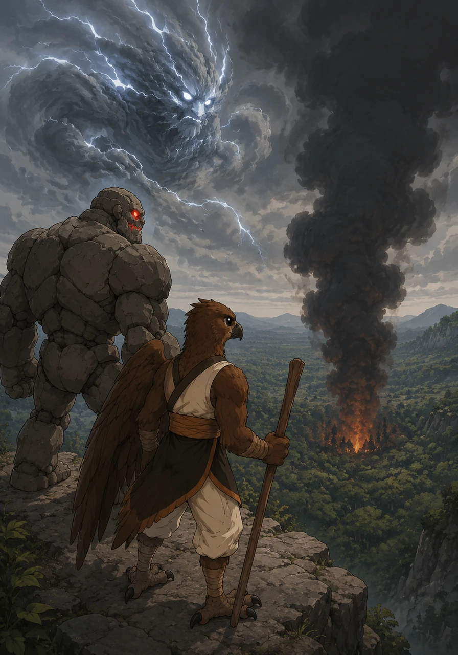Suddenly, a plume of dark, unnatural smoke rises from the Whispering Woods far below the cliffs. Garraarrk senses a disturbance in the natural balance, feeling the frantic heat of a fire that should not be there.