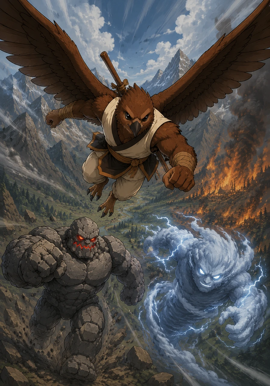 Spreading his wide, powerful wings, the monk dives from the summit, his quarterstaff strapped firmly to his back. He cuts through the clouds like an arrow, determined to protect the valley from the encroaching flames.