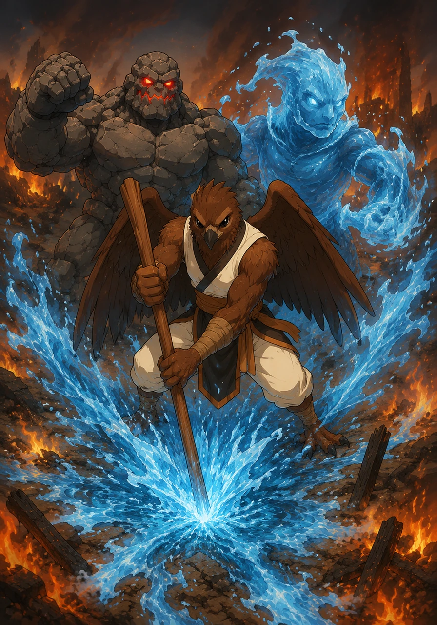 Landing in the heart of the blaze, Garraarrk strikes the ground with his staff, calling upon the element of water. A refreshing wave of blue energy erupts from the wood, dousing the hungry fires and cooling the scorched earth.