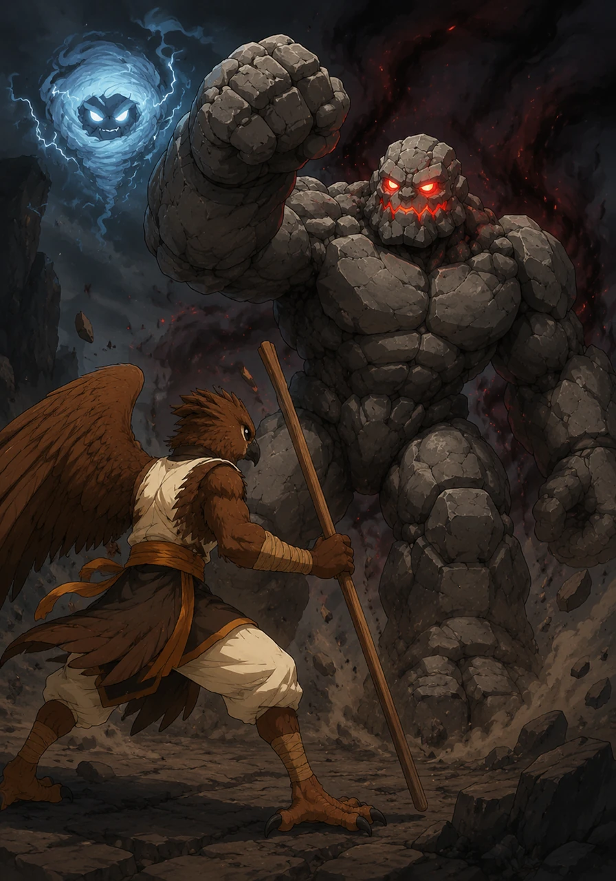 A massive stone golem, corrupted by dark energy, emerges from the shadows to block his path. Its eyes glow with a jagged red light, and it raises a heavy fist to strike the winged monk.