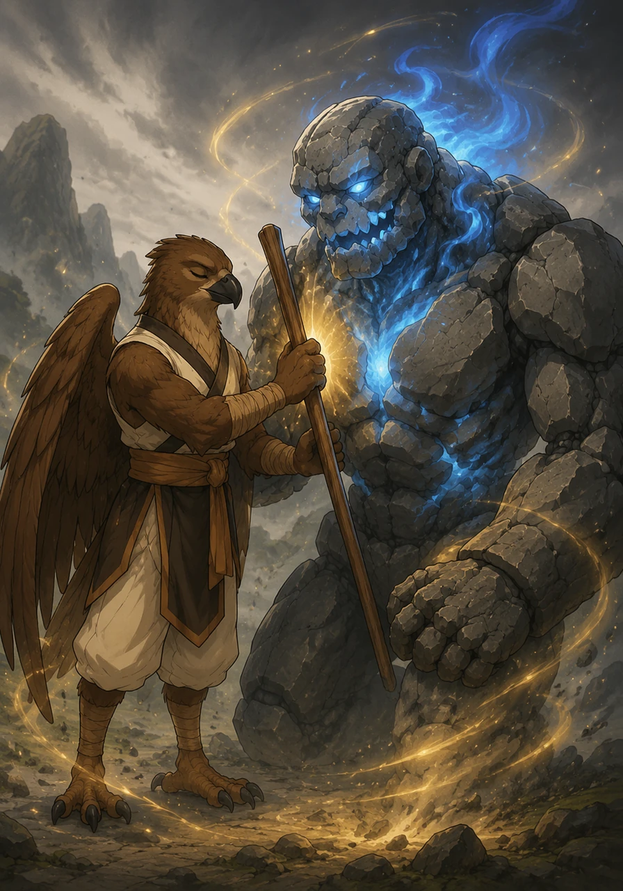 Instead of fighting with force, Garraarrk closes his eyes and touches the golem's rocky surface with his staff. He channels the grounding energy of the earth, whispering ancient mantras to soothe the spirit trapped within the stone.