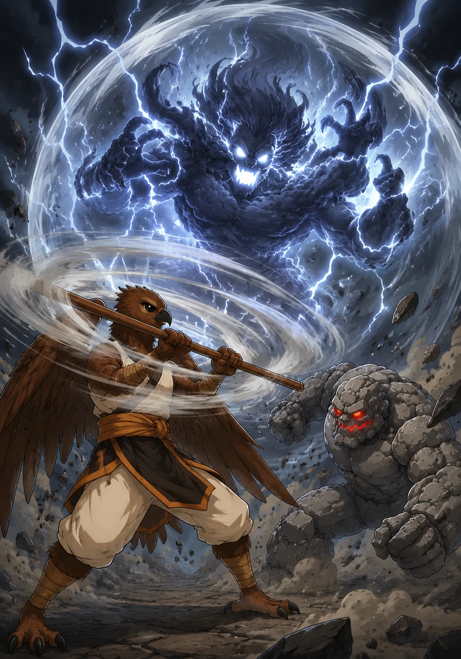 The corruption shatters, revealing a swirling storm spirit at the center of the chaos. Garraarrk spins his staff rapidly, creating a vacuum of air to contain the wild lightning and thunder within a shimmering sphere.