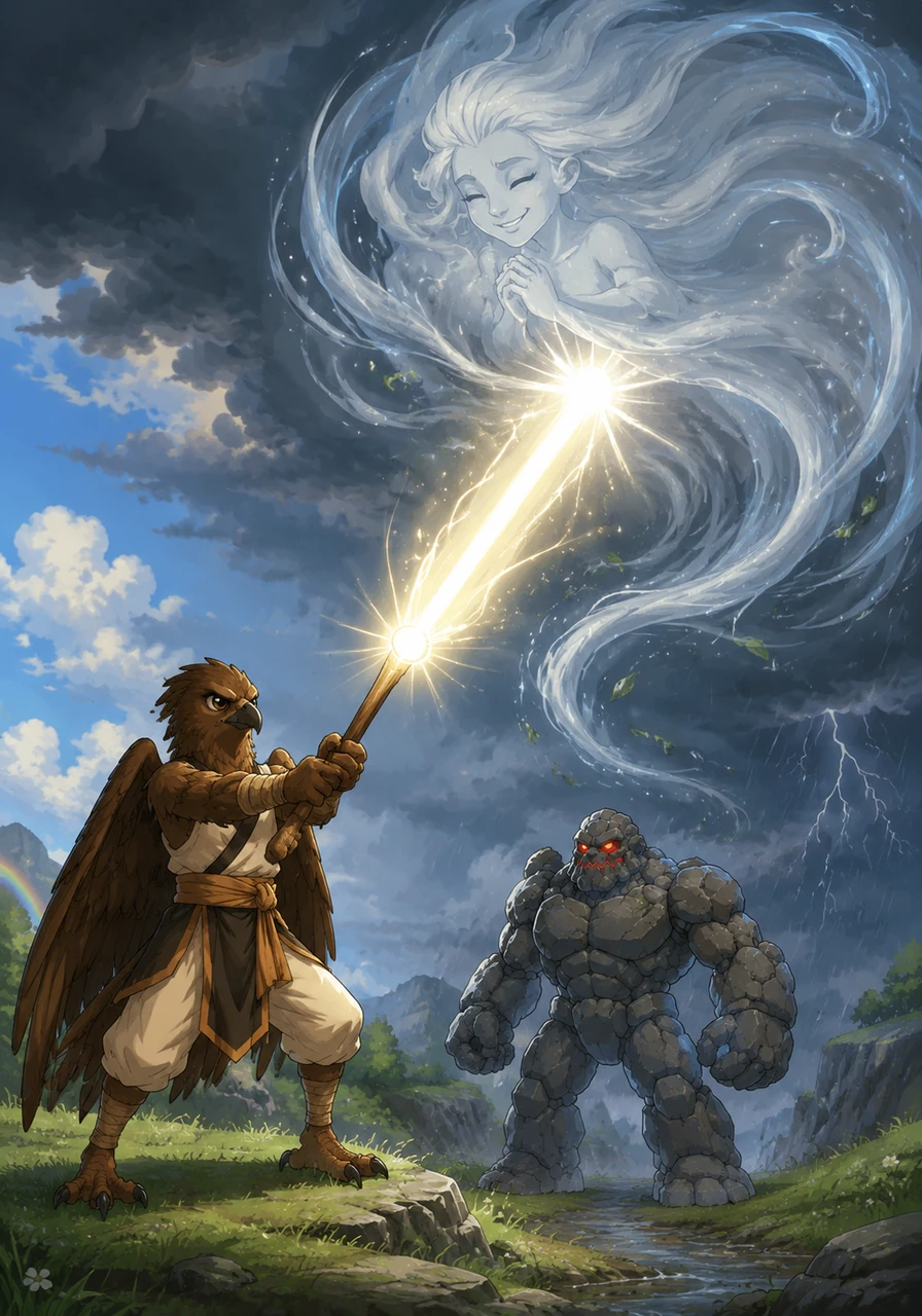 With a final, focused breath, Garraarrk merges the four elements into a single beam of pure light from his staff. The storm spirit is purified, transforming back into a gentle summer breeze that carries the scent of rain.