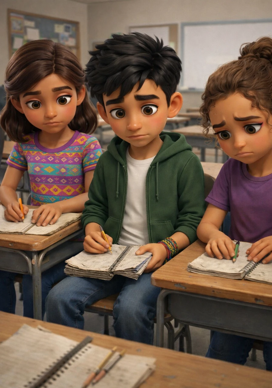 Ana, Luis y Sofía se encuentran en su salón de clases de segundo grado en una secundaria de Reynosa, mirando con preocupación sus cuadernos viejos y lápices cortos. A pesar de sus ganas de estudiar, saben que comprar útiles nuevos es difícil para sus familias debido a la situación económica actual.