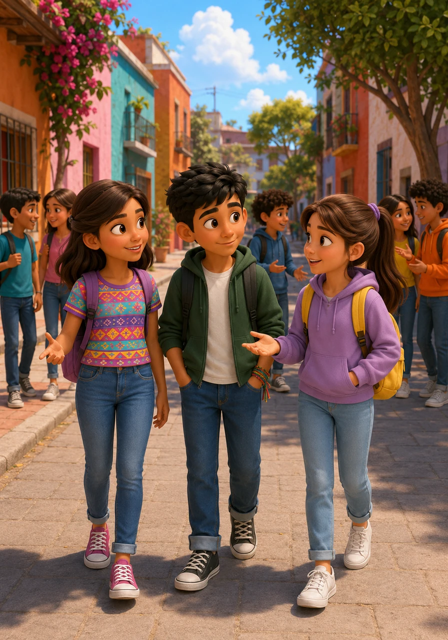 Al terminar las clases, los tres amigos caminan por las coloridas calles de su colonia platicando sobre sus preocupaciones. Se dan cuenta de que no son los únicos y que muchos compañeros del grupo 2*F están pasando por la misma dificultad para conseguir sus materiales.