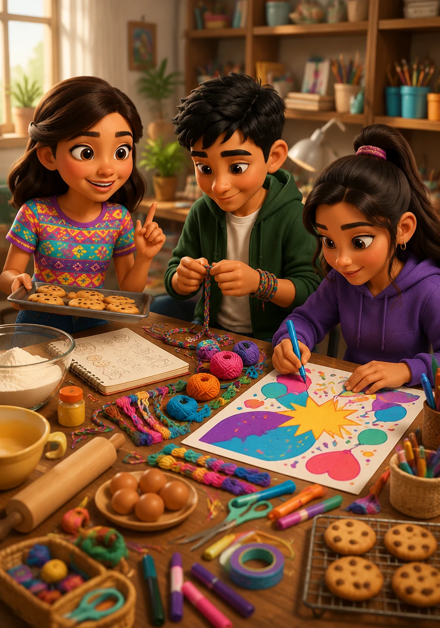 El equipo comienza a planear con entusiasmo una gran venta de postres caseros y manualidades creativas hechas a mano. Ana se encargará de hornear, Luis de tejer pulseras coloridas y Sofía de diseñar los carteles para invitar a los vecinos.