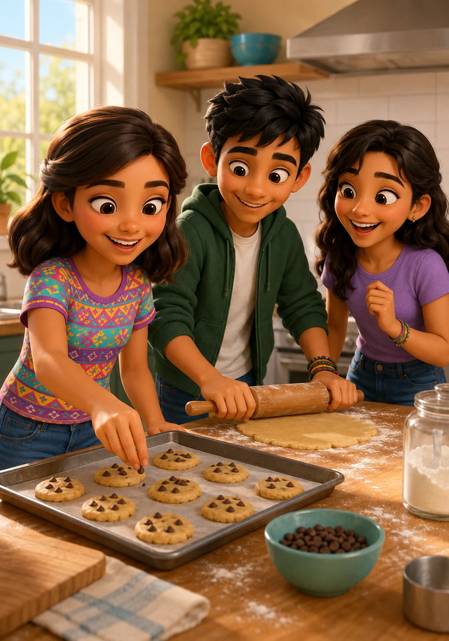 En la cocina de Ana, el aroma a vainilla y chocolate llena el aire mientras los tres amigos trabajan arduamente horneando galletas. Entre risas y harina, los adolescentes refuerzan su amistad mientras preparan cada dulce con mucho cariño y dedicación.